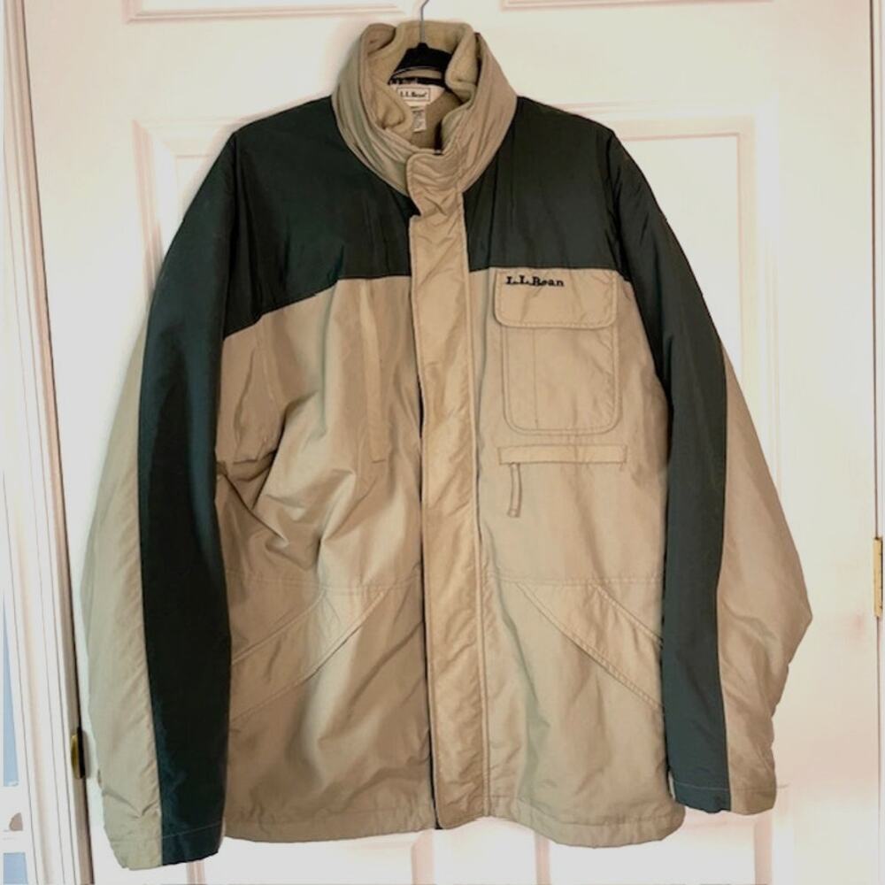 L.L.Bean Mens Large Fleece Lined Outdoor Jacket Green Tan Coat Heritage Outdoor